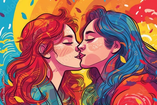 Illustration of lesbian couple  LGBTI and pride month awareness in colorful rainbow style with Generative AI