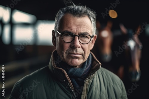 Portrait of a handsome senior man wearing eyeglasses standing in a stable.