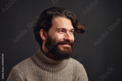 Medium shot portrait photography of a pleased man in his 30s wearing a cozy sweater against a pastel or soft colors background. Generative AI
