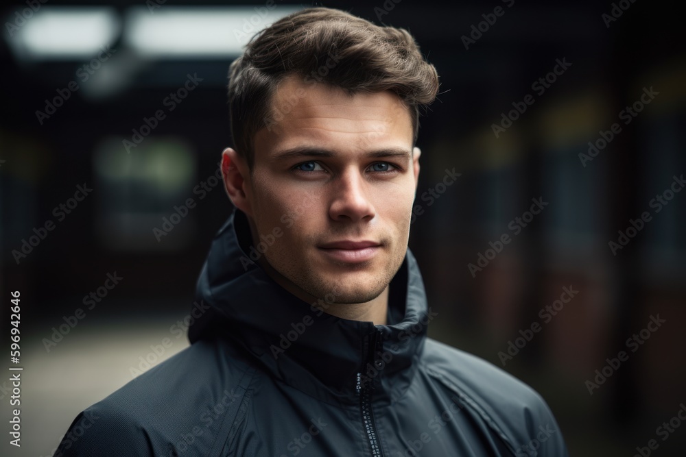 Portrait of a handsome young man in a black jacket, outdoors Portrait of a handsome young man in a black jacket, outdoors
