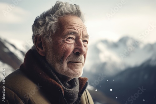 Portrait of a senior man on the background of snowy mountains.