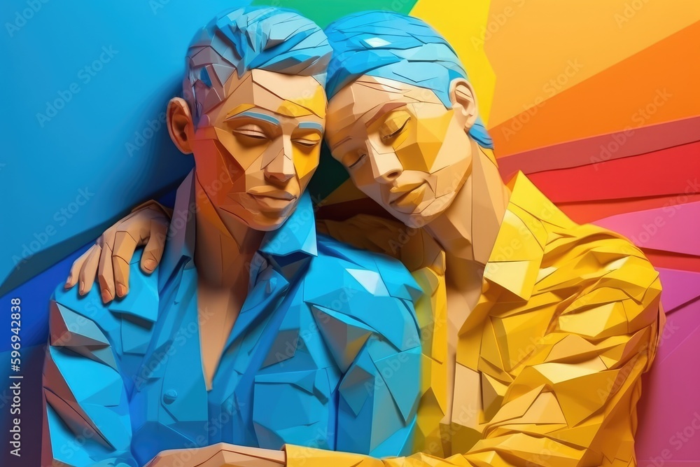 Fototapeta premium Lesbian couple hugging each other, illustration in paper art style for pride month. Generative AI