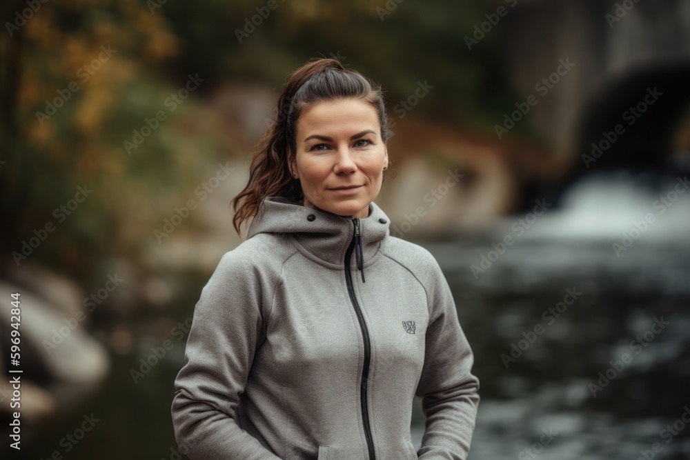 Portrait of a beautiful young woman in sportswear standing by the river. Portrait of a beautiful young woman in sportswear standing by the river.