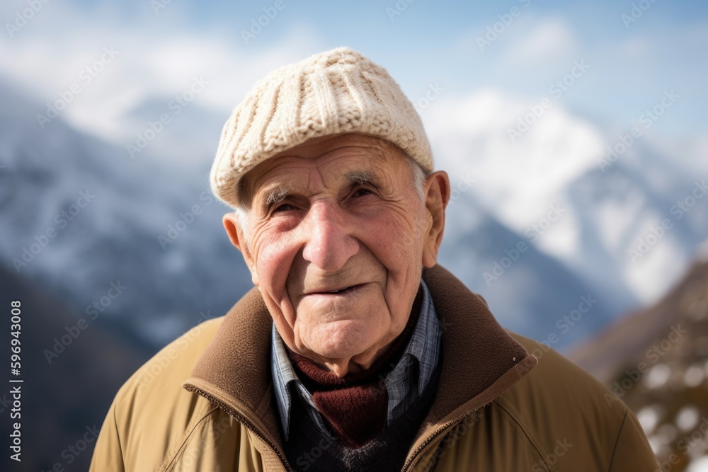 Portrait of an elderly man in winter clothes against the background of mountains Portrait of an elderly man in winter clothes against the background of mountains