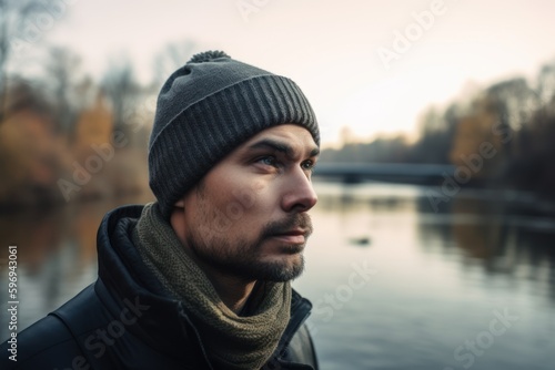 Portrait of a handsome young man in a hat and coat on the background of the river. © Hanne Bauer