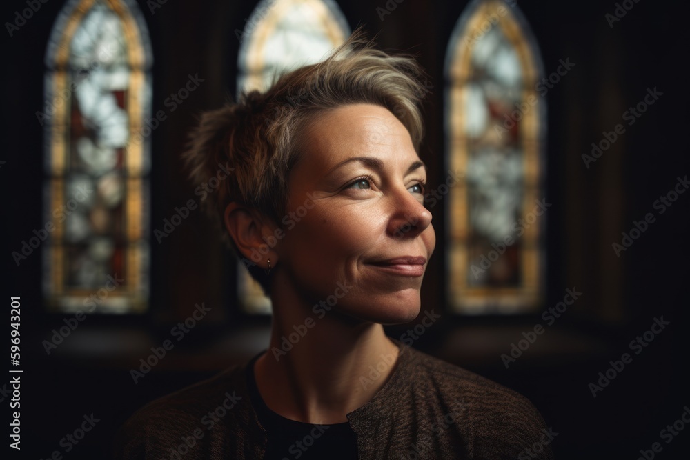 Portrait of a beautiful middle-aged woman in the church. Portrait of a beautiful middle-aged woman in the church.