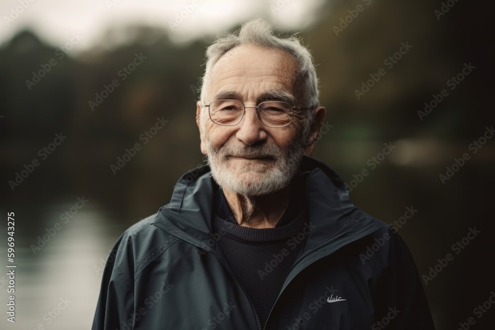 Portrait of a smiling senior man standing by the lake in autumn Portrait of a smiling senior man standing by the lake in autumn