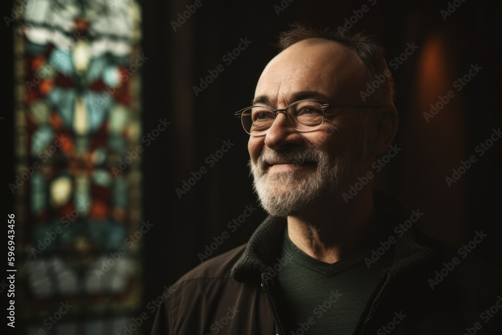 Portrait of a smiling senior man with glasses in the church.