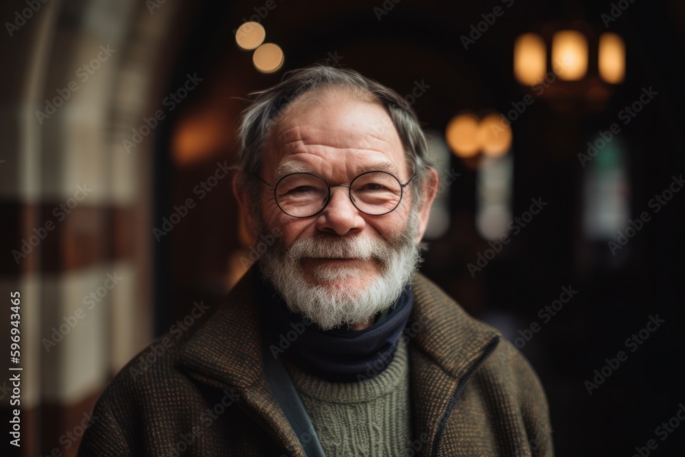 Portrait of a senior man with gray beard and glasses in the city
