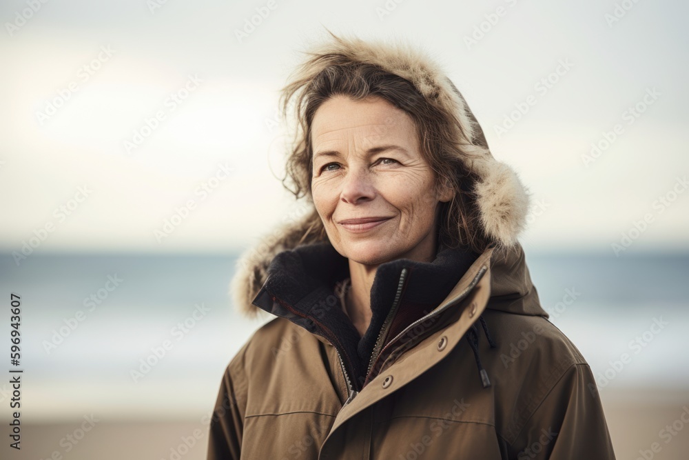 Portrait of smiling mature woman in winter coat on the beach. Portrait of smiling mature woman in winter coat on the beach.