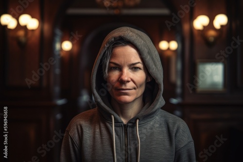 Portrait of a middle-aged woman in a gray hooded sweatshirt