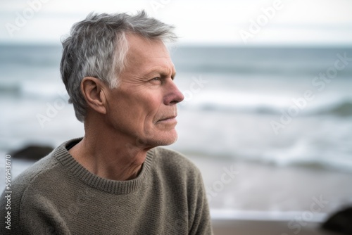 Portrait of senior man looking away while sitting on bench at beach