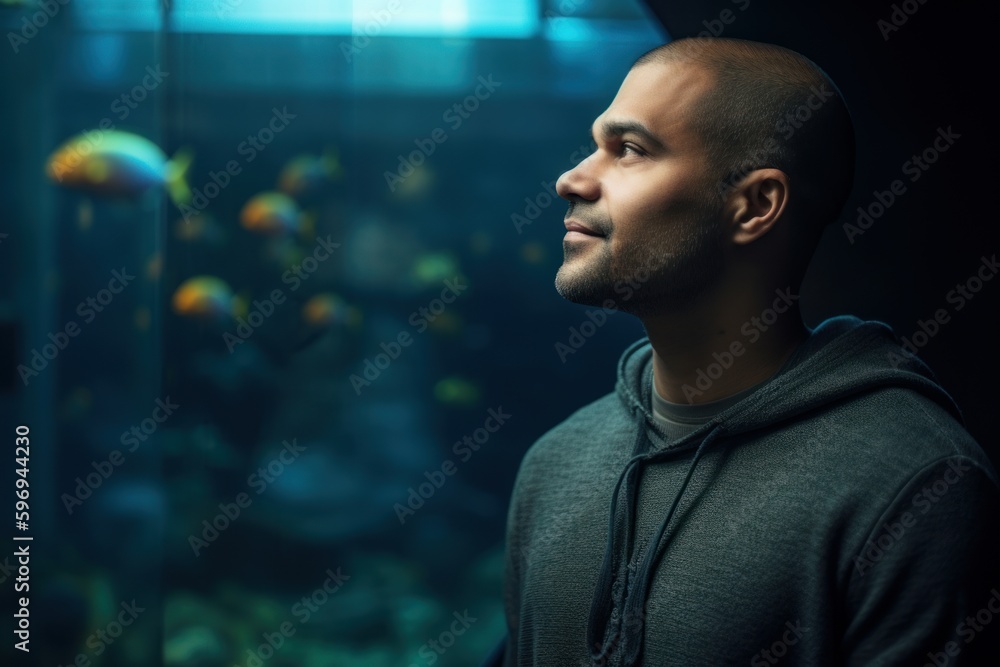 Portrait of a man looking at the aquarium with a fish. Portrait of a man looking at the aquarium with a fish.