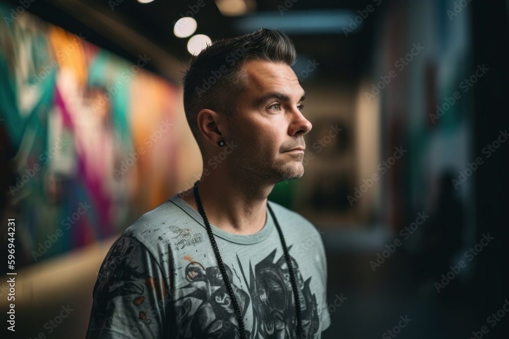 Portrait of a handsome young man in an art gallery. Man looking away. Portrait of a handsome young man in an art gallery. Man looking away.