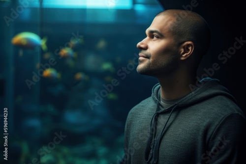 Fotobehang Lifestyle portrait photography of a satisfied man in his 30s wearing a cozy sweater against an aquarium or underwater background