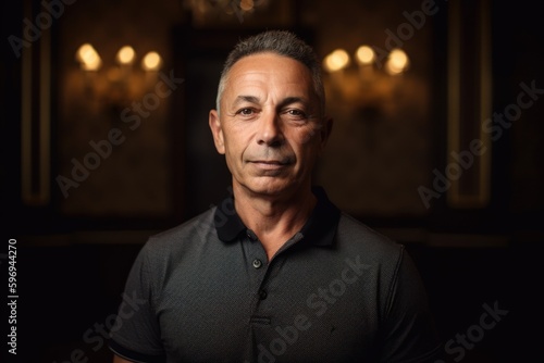 Group portrait photography of a satisfied man in his 50s wearing a sporty polo shirt against a victorian or historical interior background. Generative AI
