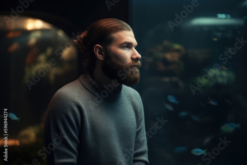 Portrait of a bearded man in a gray sweater in an aquarium