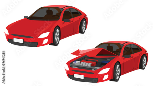 Cartoon vector or illustration isomatic. Status of the red sport car from normal car to the car was slightly damaged. Severely damaged front broken open hood. © thongchainak