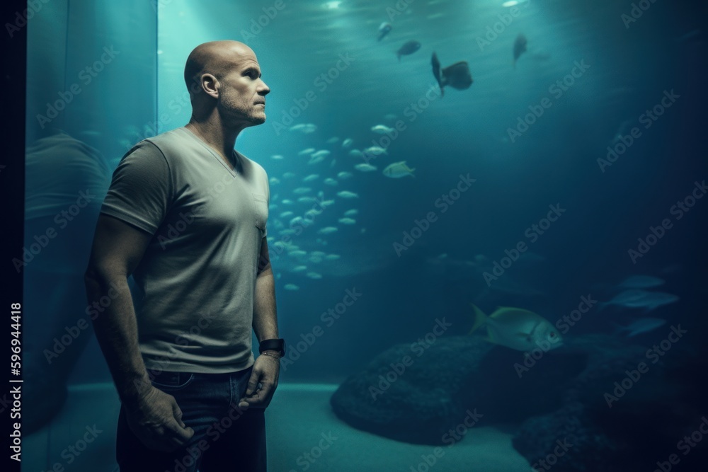 Portrait of a bald man in an aquarium with a fish.