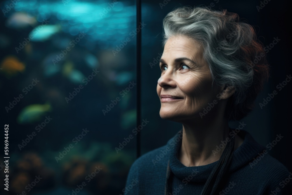 Portrait of a beautiful senior woman looking at the aquarium with fish Portrait of a beautiful senior woman looking at the aquarium with fish