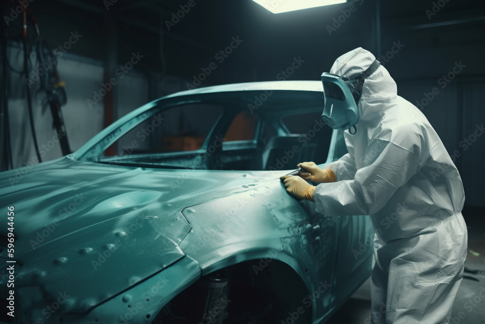 paint technician in full body protective suit painting a car in a garage, Generative AI paint technician in full body protective suit painting a car in a garage, Generative AI