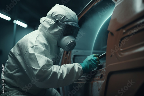 Auto body repairman in protective gear spraying paint on car in spray booth, Generative AI 