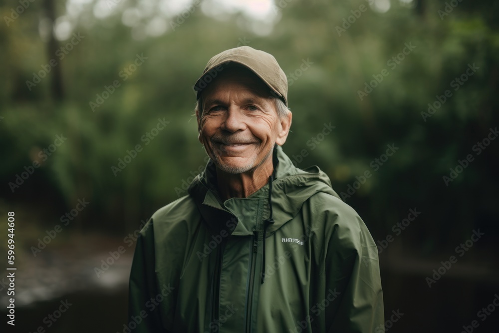 Portrait of smiling senior man in raincoat and cap standing outdoors Portrait of smiling senior man in raincoat and cap standing outdoors