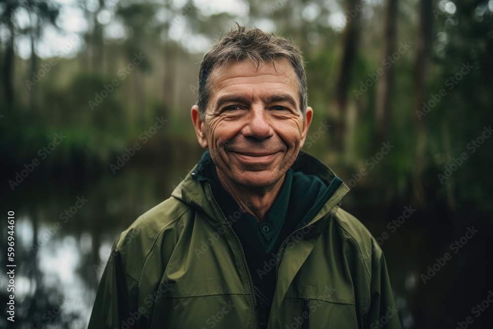 Portrait of a smiling senior man in a raincoat standing by the river. Portrait of a smiling senior man in a raincoat standing by the river.