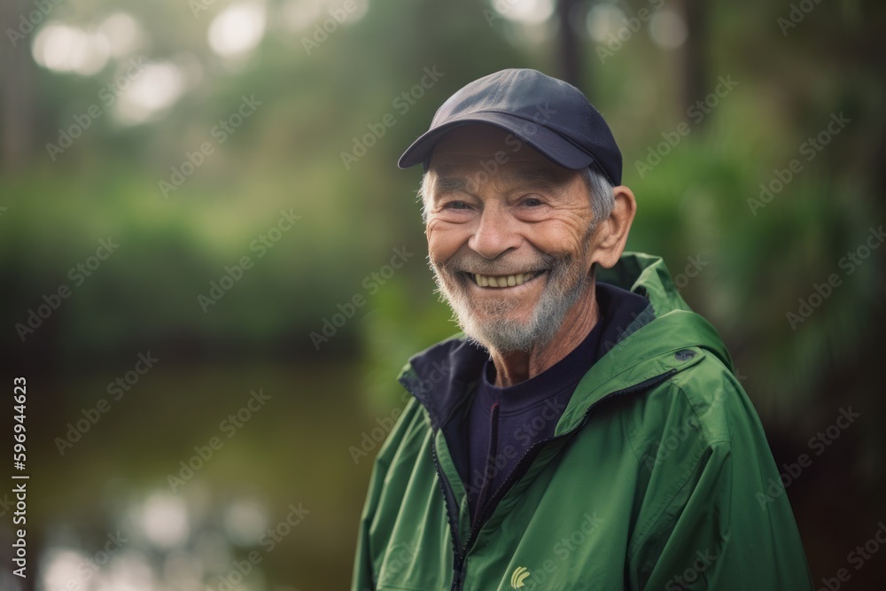 Portrait of happy senior man standing by the lake in the forest Portrait of happy senior man standing by the lake in the forest