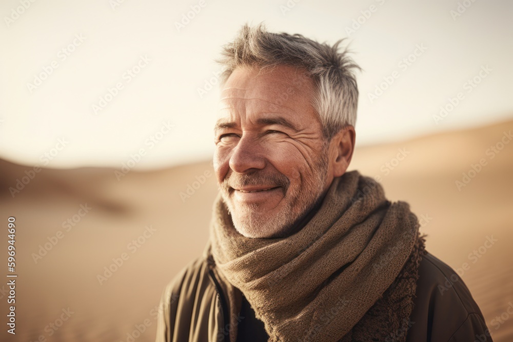 Medium shot portrait photography of a pleased man in his 50s wearing a cozy sweater against a sand dune background. Generative AI Medium shot portrait photography of a pleased man in his 50s wearing a cozy sweater against a sand dune background. Generative AI