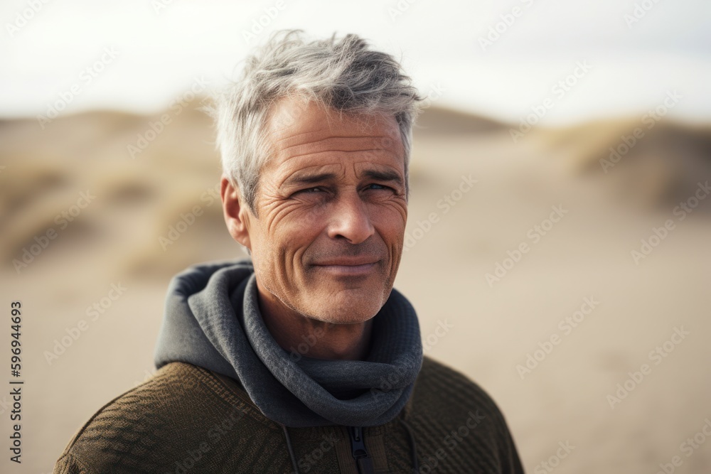 Medium shot portrait photography of a pleased man in his 50s wearing a cozy sweater against a sand dune background. Generative AI