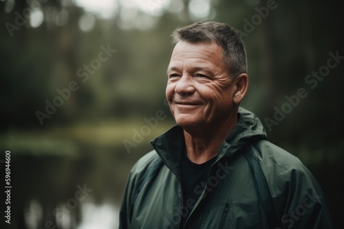 Portrait of a smiling senior man standing by the lake and looking at camera