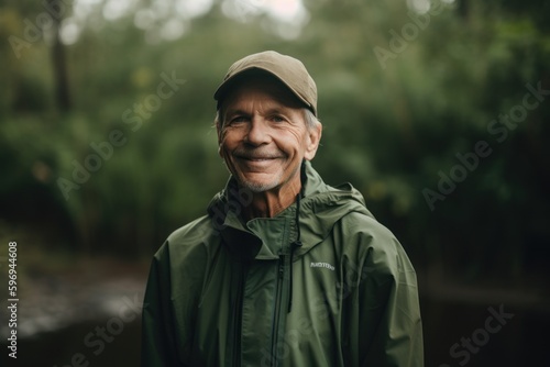 Portrait of smiling senior man in raincoat and cap standing outdoors © Eber Braun