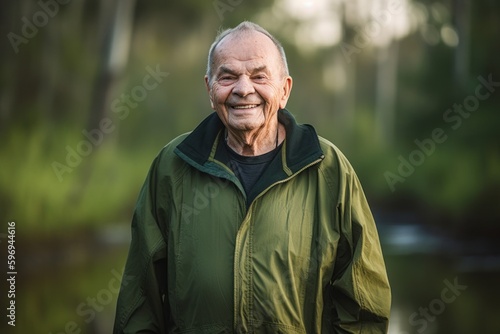 Portrait of a smiling senior man standing in the forest and looking at camera