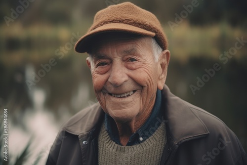 Portrait of happy senior man with hat smiling at camera in park