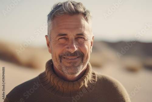 Portrait of mature man with grey hair smiling at camera in the desert