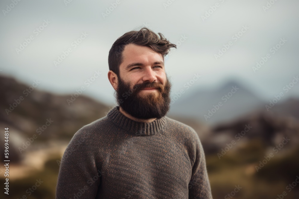 Portrait of a bearded hipster man with long beard in the mountains Portrait of a bearded hipster man with long beard in the mountains