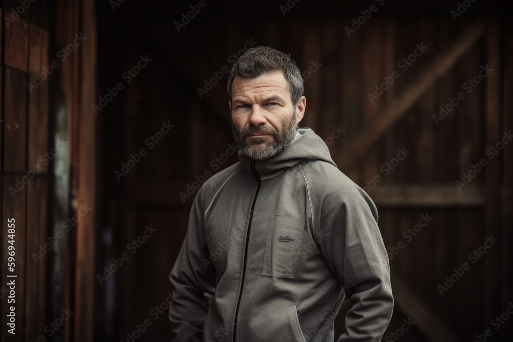 Portrait of a bearded man in a gray hoodie on a wooden background Portrait of a bearded man in a gray hoodie on a wooden background