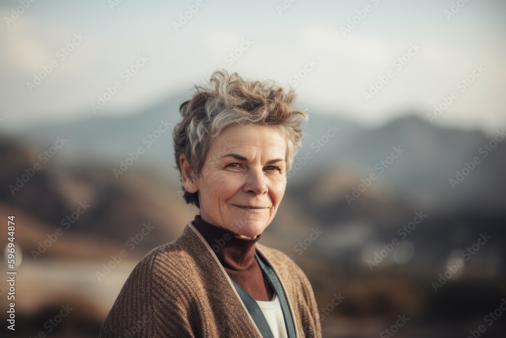 Portrait of a beautiful senior woman with short hair in the mountains Portrait of a beautiful senior woman with short hair in the mountains