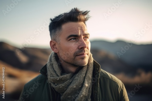 Portrait of a handsome young man in a green jacket and gray scarf on the background of the mountains