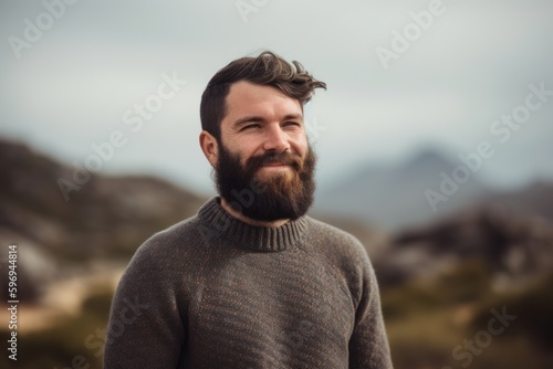 Portrait of a bearded hipster man with long beard in the mountains