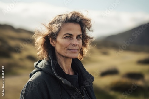 Portrait of a beautiful middle-aged woman with curly hair in the mountains