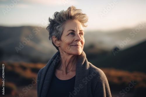 Portrait of a beautiful senior woman in the mountains at sunset.