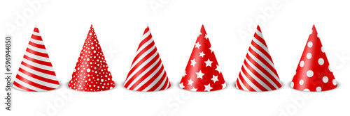 Vector 3d Realistic Red and White Birthday Party Hat Icon Set Isolated on White Background. Party Cap Design Template for Party Banner  Greeting Card. Holiday Hats  Cone Shape  Front View