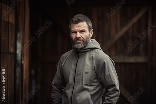 Portrait of a bearded man in a gray hoodie on a wooden background