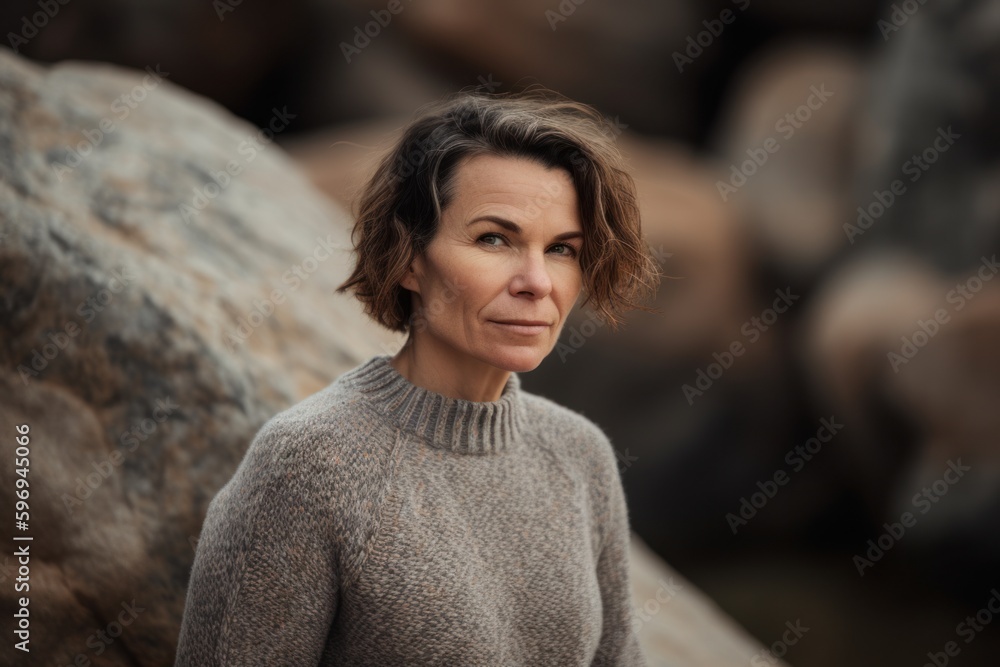 Portrait of a middle-aged woman in a sweater on a background of stones. Portrait of a middle-aged woman in a sweater on a background of stones.