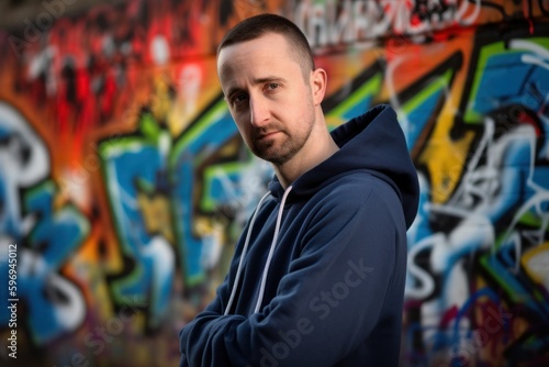 Portrait of a man in a hoodie against a graffiti wall
