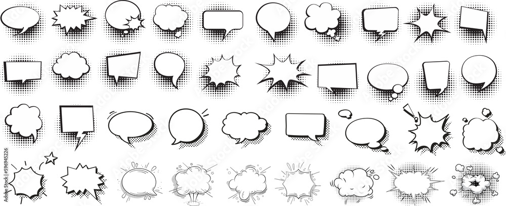 Fototapeta premium Retro empty comic speech bubbles set with black halftone shadows. Vintage design, pop art style - stock vector.
