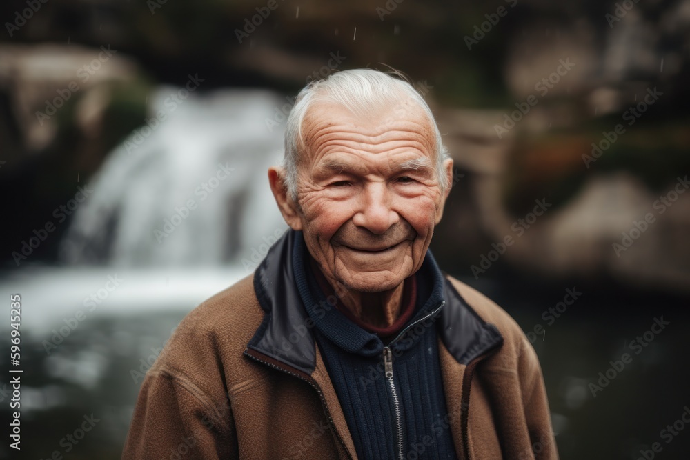Portrait of an elderly man on the background of a waterfall. Portrait of an elderly man on the background of a waterfall.