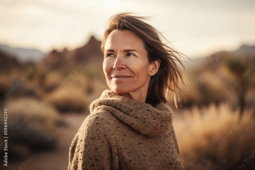 Portrait of a smiling middle-aged woman in a knitted sweater in the desert Portrait of a smiling middle-aged woman in a knitted sweater in the desert